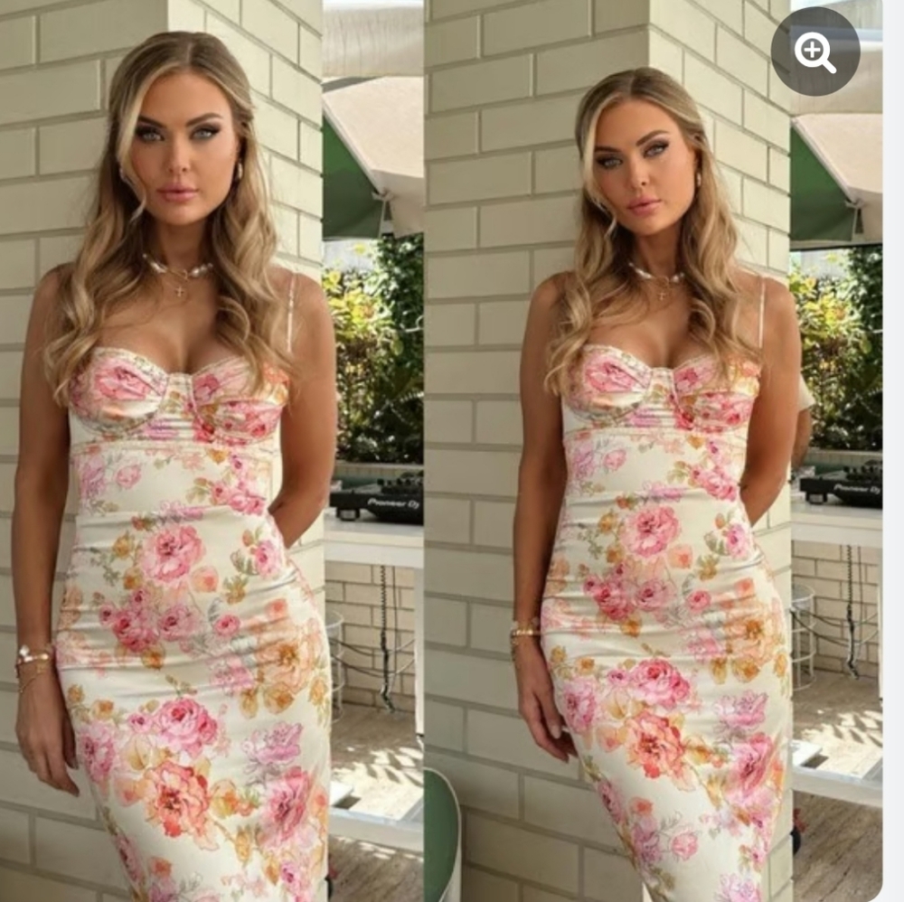 House of CB Josefina Pink Peony Print Satin Maxi Dress